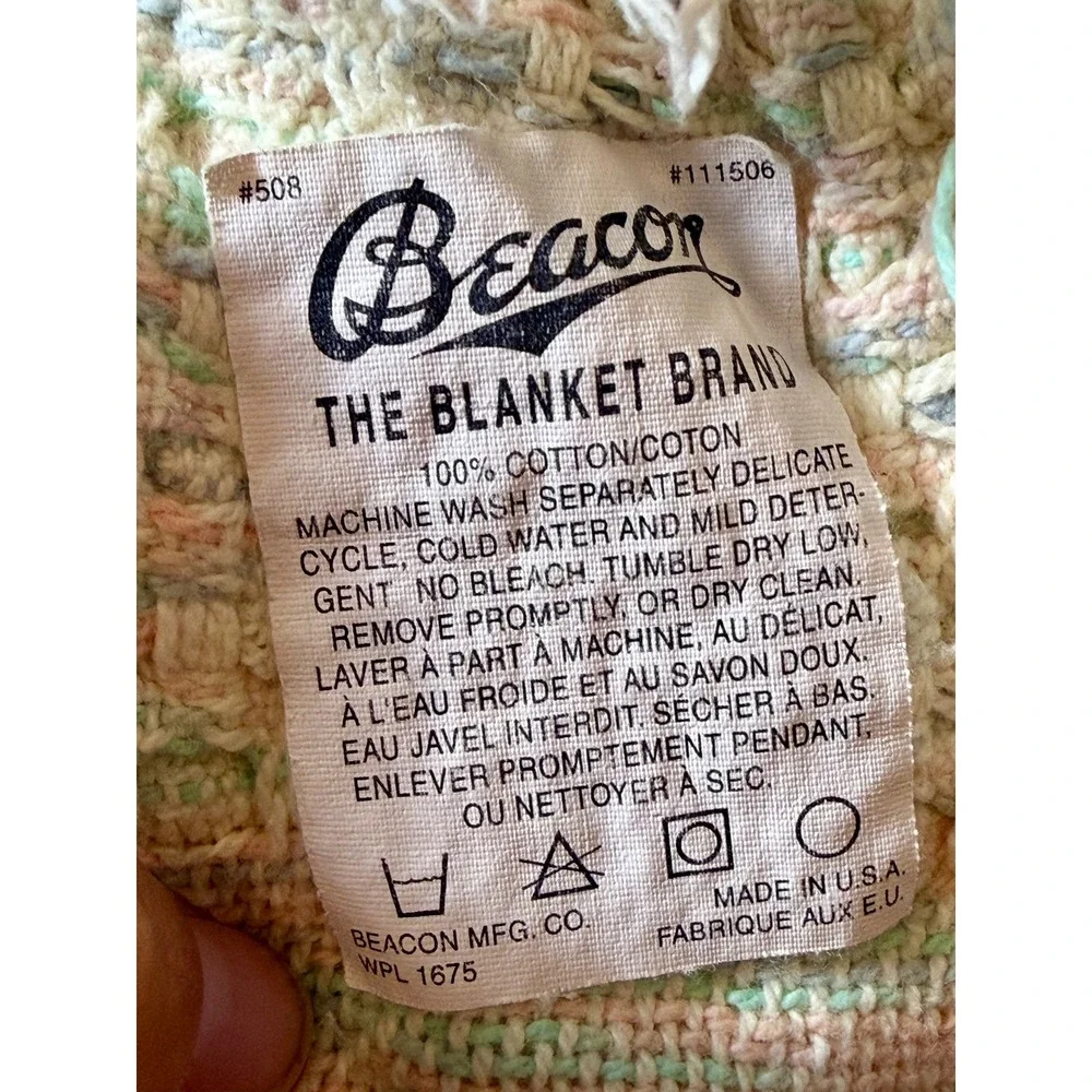 Vintage Beacon Cotton Thermal Blanket Pastel Multi Color Fringe Waffle Weave USA